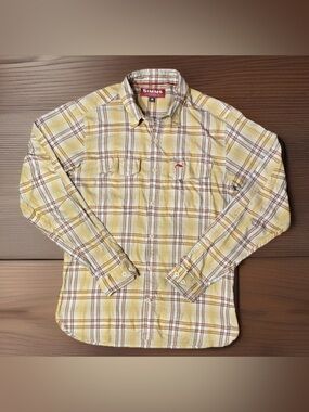 Simms Shirt Mens Medium Yellow Orange Plaid Nylon Button Up Fly Fishing Outdoors